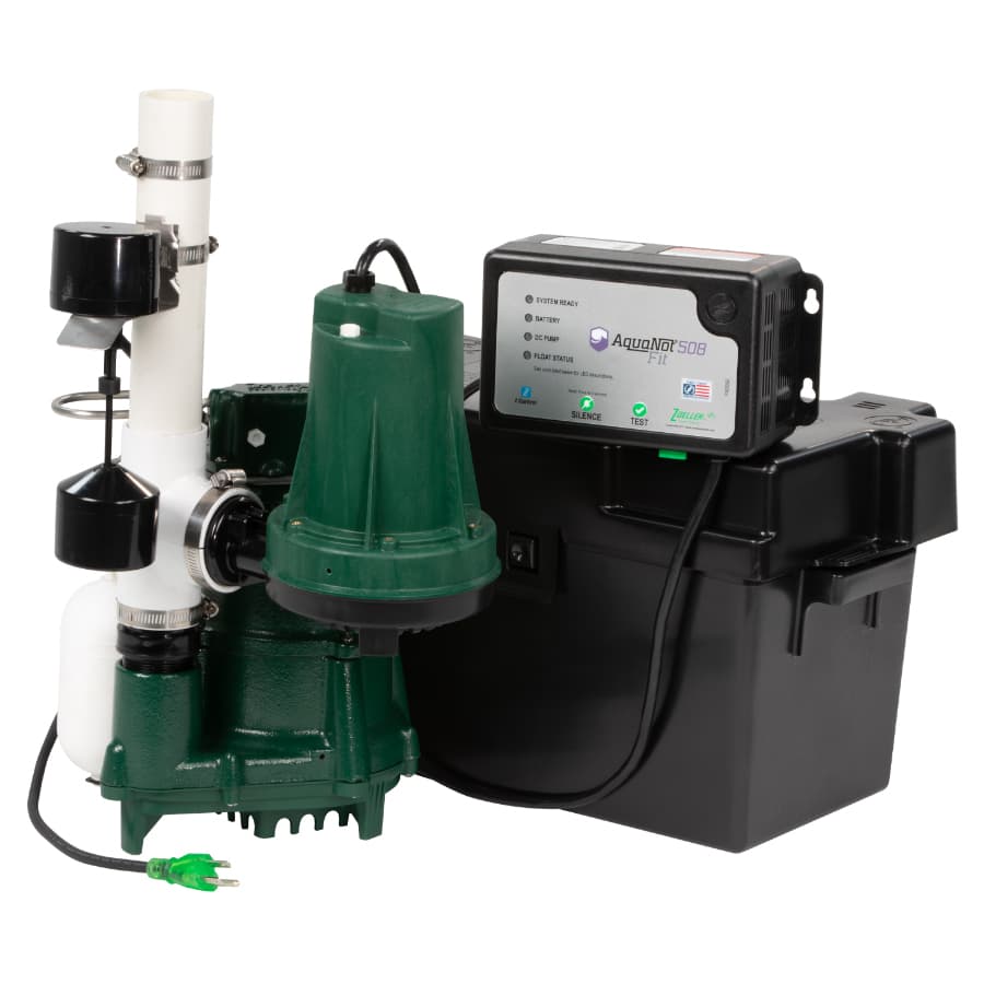 Zoeller AquaNot Fit 508 AGM marine battery backup sump pump system installed in a basement